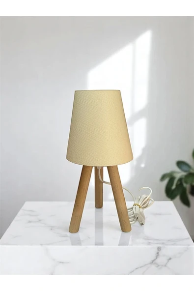 Üç Ayak Mini Ahşap Abajur (Pvc Ekru Başlık) ürün görseli