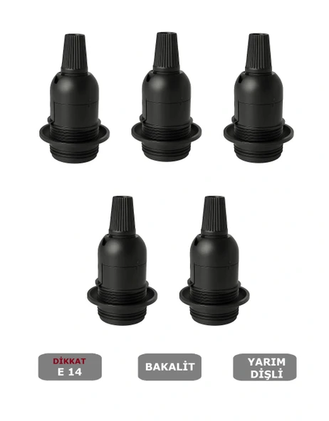 Italyan E14 Duy (MİNİ DUY) Bakalit Geçmeli Yarım Diş Siyah (250V-2A) 5 Adet