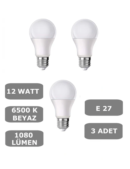 12W E27 Led Ampul 6500K Beyaz Işık (1080 Lümen) (3 Adet) ürün görseli