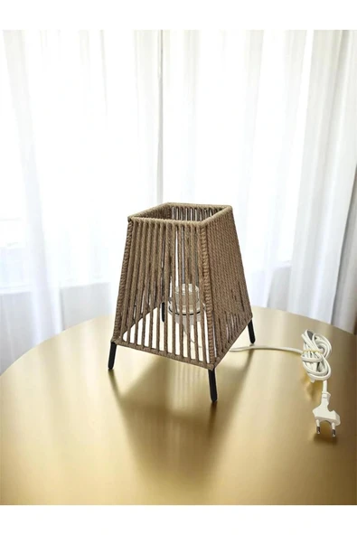 Makrome İpli Metal Masa ve Gece Lambası (Kare Konik- Koyu Bej) - 1