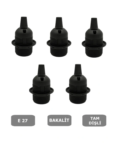 İtalyan Tip E27 Tam Dişli Duy Vidasız Geçmeli Bakalit Siyah (250V-4A) 5 Adet - 1
