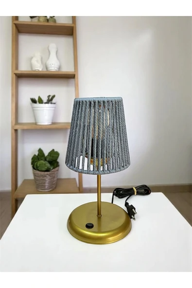 Lyris - Makrome Abajur, Mini Masa Lambası (Bebe Mavi Başlık, Gold Ayak)