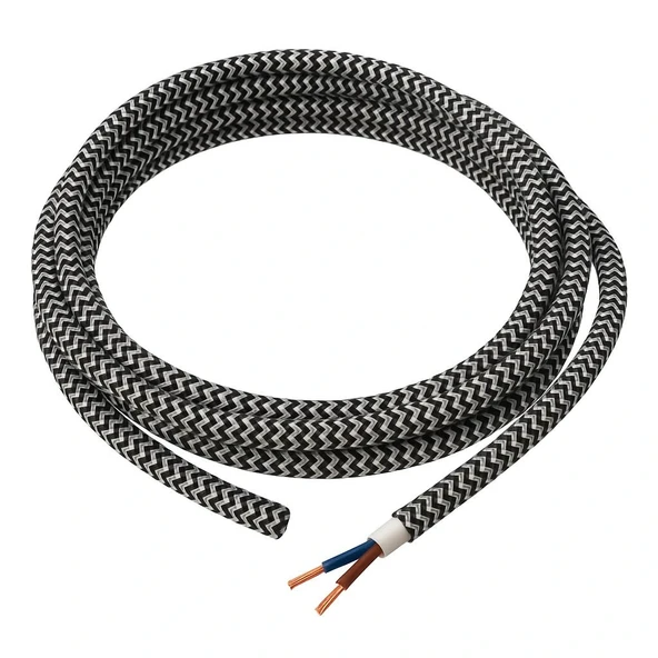 Dekoratif Kumaş Aydınlatma Elektrik Kablosu (2x0,50 TTR) (Siyah Beyaz Zigzag) 1 Metre - 1