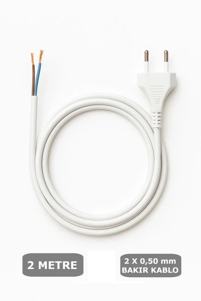 Fişli Kablo 2x0,50 Balık Sırtı Yassı - Beyaz (Tam Bakır) 2 Metre ürün görseli