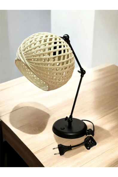 3 Nokta Hareketli Mafsallı Masa Lambası (Siyah Kol, Ekru Başlık)