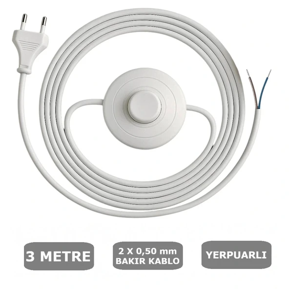 Fişli Yerpuarlı Kablo (Yassı)- Anahtarlı (2X0,50) Beyaz - 3 Metre - 1