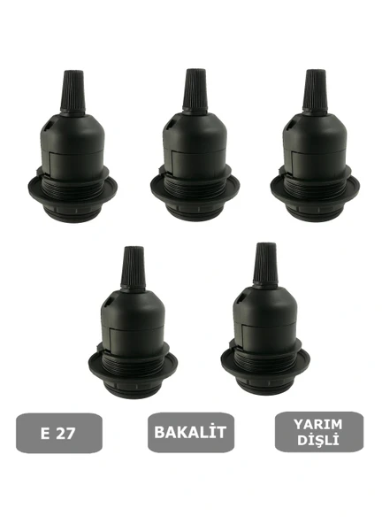 E27 Duy Geçmeli Yarım Diş Avize, Abajur, Lambader Duyu Halkalı - Bakalit Siyah (250V-4A) 5 Adet ürün görseli