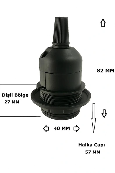 E27 Duylu 2 Metre Arapuarlı (Aç Kapat Anahtar) Fişli Abajur Duyu Seyyar (2X0,50) (Siyah) - Resim 2