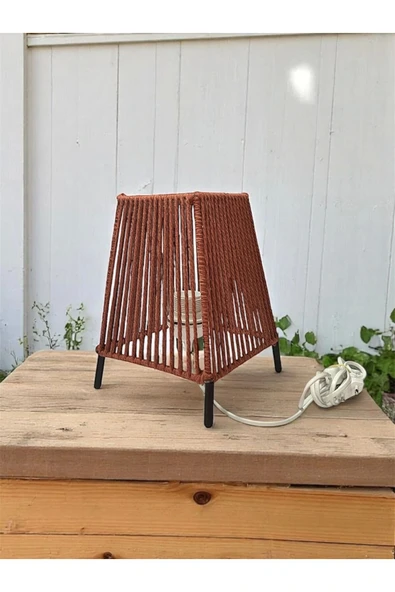 Makrome İpli Metal Masa ve Gece Lambası (Kare Konik - Kiremit)