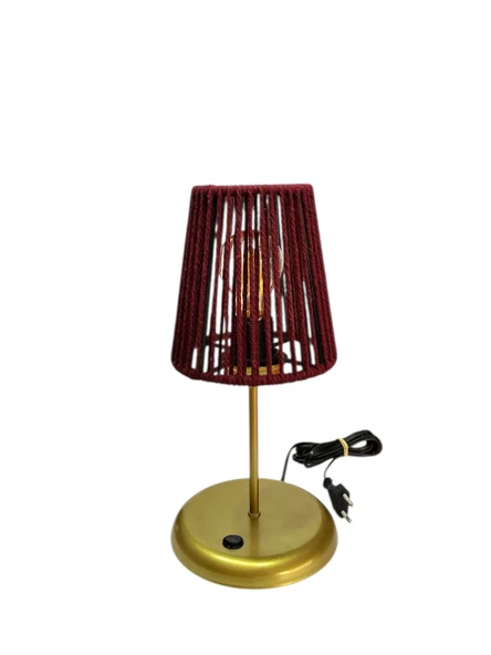 Lyris - Makrome Abajur, Mini Masa Lambası (Bordo Başlık, Gold Ayak) - Resim 3