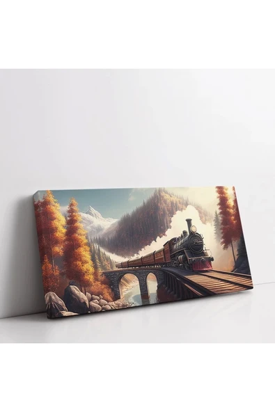 Sonbahar Treni Köprü Panoramik Yatay Kanvas Tablo ürün görseli