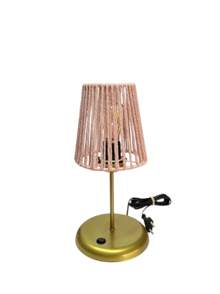 Lyris - Makrome Abajur, Mini Masa Lambası (Pudra Başlık, Gold Ayak) - 3