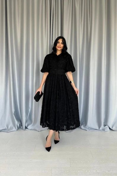 Siyah Kemerli Balon Kollu Elbise - Resim 2