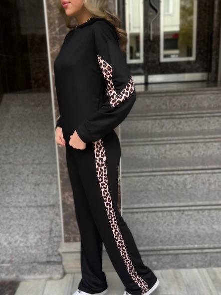 Kadın Kapüşonlu Leopar Detay Sweat Ve Yüksek Bel Yanları Leopar şeritli Bol Paça Pantolon Ikili Takım - Resim 4