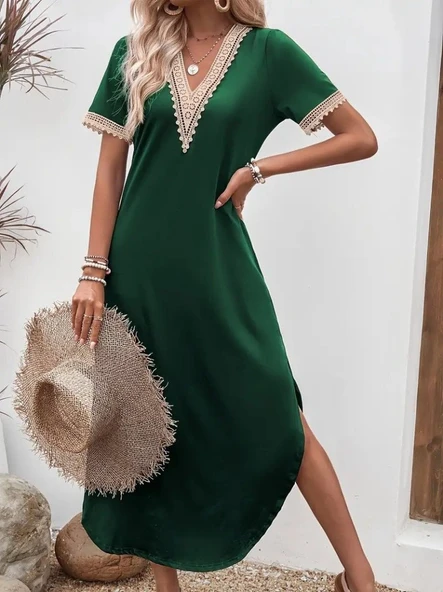 Kadın Kısa Kollu Dantel V Yakalı Uzun Viskon Elbise ürün görseli