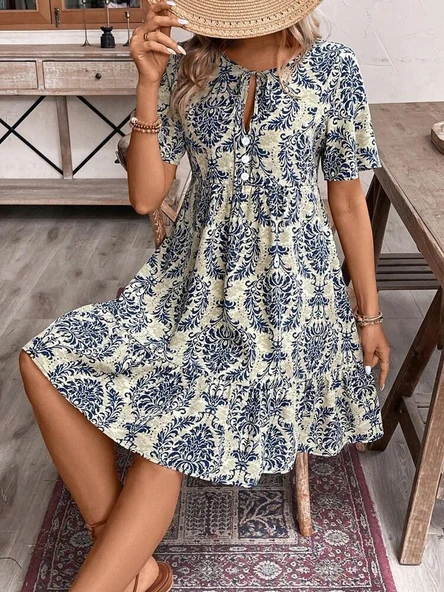 Kadın Kısa Kollu Yakadan Bağcıklı Desenli Fırfırlı Süprem Elbise - Resim 4