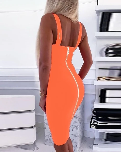 Kadın Dalgıç Kumaş Düğmeli Fermuarlı Askılı Elbise - Resim 3