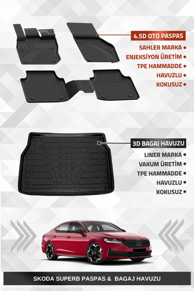 Sahler Skoda Superb 2024+ Uyumlu 4.5D Premium Havuzlu Oto Paspas ve Liner Marka 3D Bagaj Havuzu
