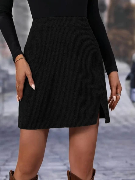 Kadın Yüksek Belli Etek Ucu Asimetrik Yırtmaç Detay Kadife Mini Etek - Resim 2