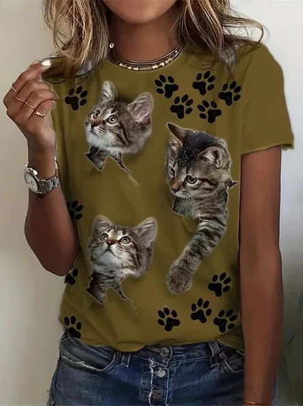 Kadın Kısa Kollu Kedi Ve Pati Baskılı Süprem T-shirt - Resim 3