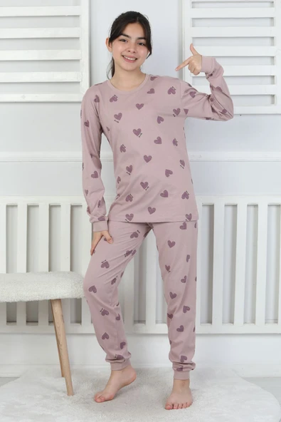 Lavanta Renkli Kalp Desenli Kız Çocuk Pijama Takımı - 1