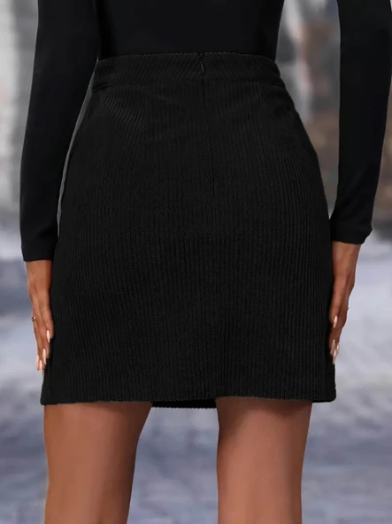 Kadın Yüksek Belli Etek Ucu Asimetrik Yırtmaç Detay Kadife Mini Etek - Resim 3