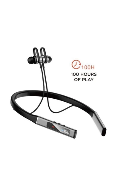 Manyetik Neckband 100 Saat Kablosuz Spor Bluetooth 5.0 Kulaklık Siyah - 2