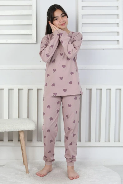 Lavanta Renkli Kalp Desenli Kız Çocuk Pijama Takımı - 3