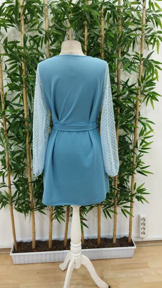 Kadın Uzun Kollu Yakadan Bağcıklı Belden Kuşaklı Ithal Krep Elbise - Resim 5