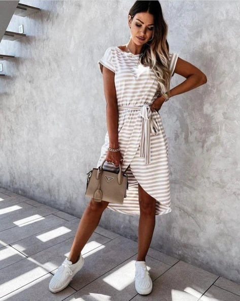 Kadın Kuşaklı Turlu Viskon Kumaş Elbise ürün görseli