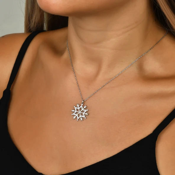 Işıltılı Taşlı Kar Tanesi Gümüş Kolye - Gümüş - Resim 2