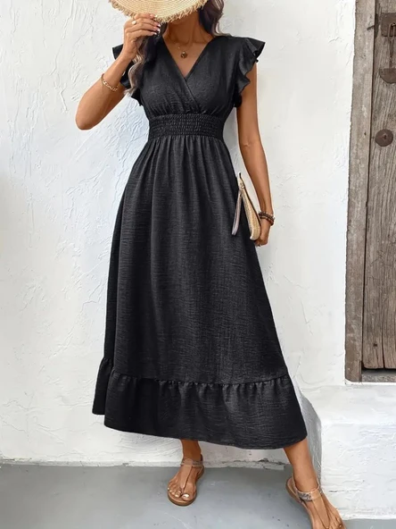 Kadın Kısa Kelebek Kollu Kruvaze Yakalı Beli Lastikli Aerobin Elbise - Resim 2