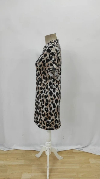 Kadın Kısa Kollu Yakalı Leopar Desenli Süprem Elbise - Resim 7