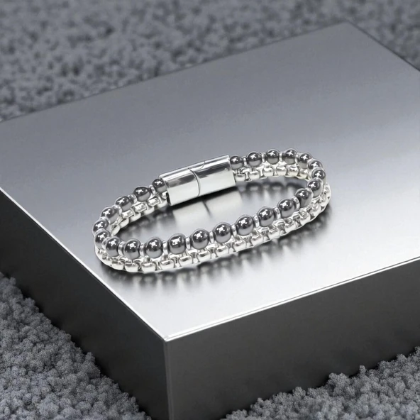 FM Çelik Zincirli Hematit Ve Silver Hematit Bileklik 31832B21D9 - Resim 2