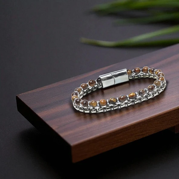 Çelik Zincirli Kaplan Gözü Ve Hematit Bileklik 31832B21D8 - Resim 2