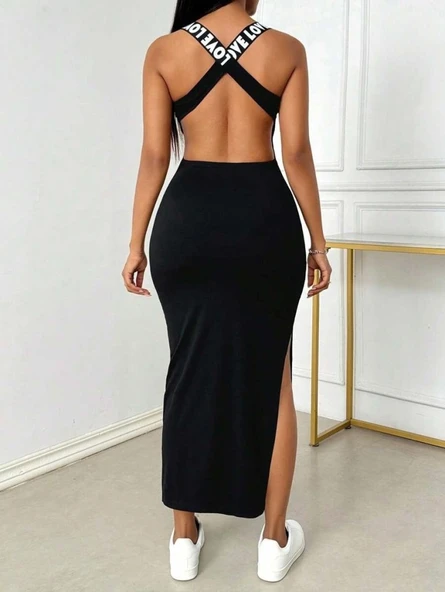 Kadın Yuvarlak Yaka Sırttan çapraz şerit Love Detaylı Yırtmaçlı Viskon Elbise - Resim 7