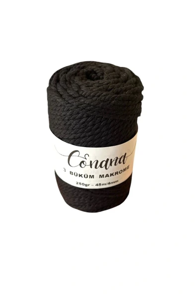 3 Büküm 4mm Makrome İpi (250gr-45m) Pamuk (1 Adet) SİYAH