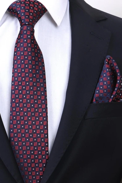 Esgue Hand Made 7.5 cm Desenli Bordo Lacivert Mendilli Kravat - Resim 3