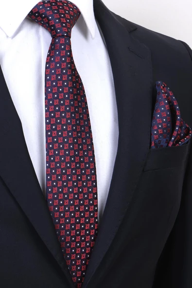 Esgue Hand Made 7.5 cm Desenli Bordo Lacivert Mendilli Kravat ürün görseli 1