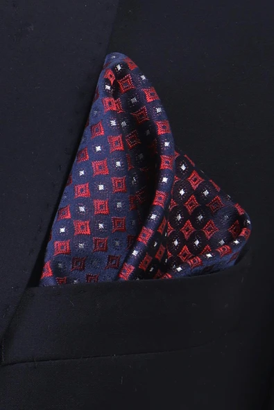 Esgue Hand Made 7.5 cm Desenli Bordo Lacivert Mendilli Kravat - Resim 5