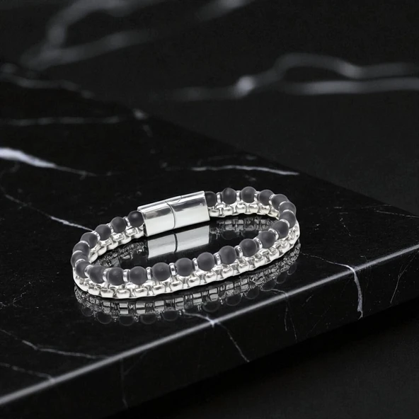 Çelik Zincirli Mat Oniks Ve Silver Hematit Bileklik 31832B21D11 - Resim 2