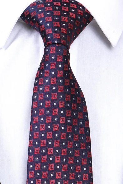 Esgue Hand Made 7.5 cm Desenli Bordo Lacivert Mendilli Kravat - Resim 4