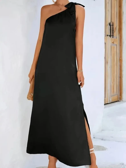 Kadın Tek Omuzdan Askılı Kurdela Detaylı Yırtmaçlı Uzun Janjan Krep Elbise - Resim 4