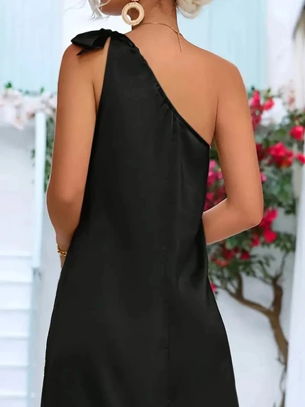 Kadın Tek Omuzdan Askılı Kurdela Detaylı Yırtmaçlı Uzun Janjan Krep Elbise - Resim 3