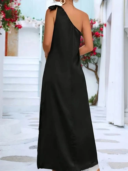 Kadın Tek Omuzdan Askılı Kurdela Detaylı Yırtmaçlı Uzun Janjan Krep Elbise - Resim 5