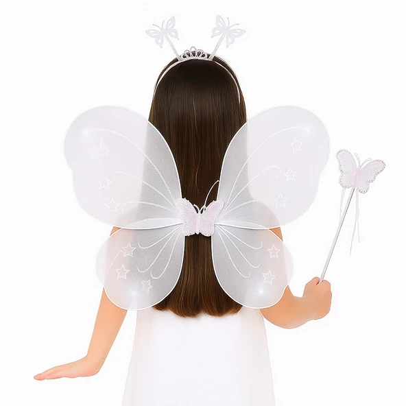 Beyaz Kelebek Kız Seti – 50 cm Kelebek Kanadı, Taç ve Asa ürün görseli