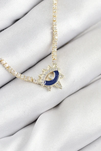 Pirinç Zirkon Taşlı Su Yolu Göz Model Gold Renk Kadın Kolye ürün görseli