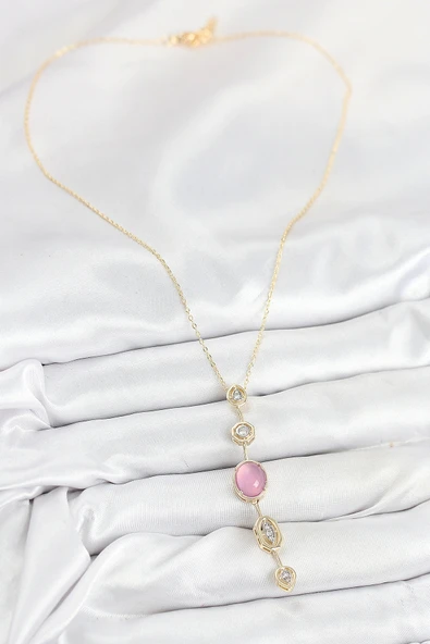 Pirinç Zincir Pembe Gold Renk Zirkon Taşlı Y Kolye - Resim 2