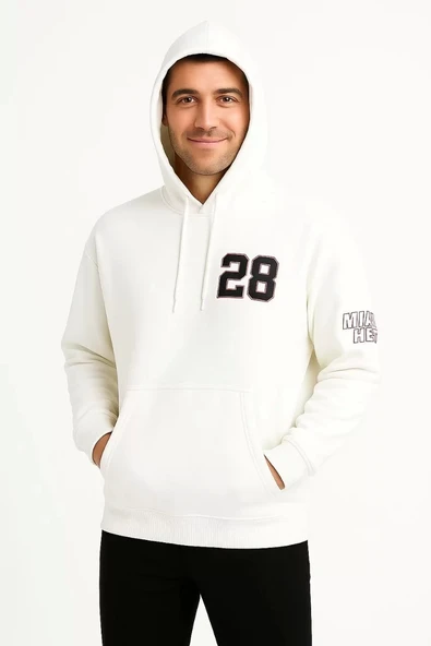 Üç İplik Kapüşonlu Ön ve Arka Baskılı SweatShirt hoodie - Beyaz - Resim 2