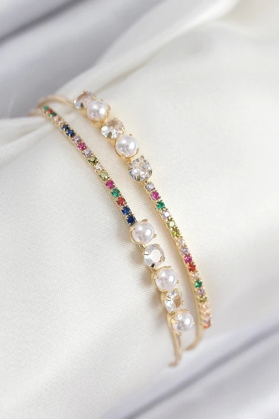 Pirinç Zirkon Taşlı İnci Model Gold Renk Kadın Bileklik